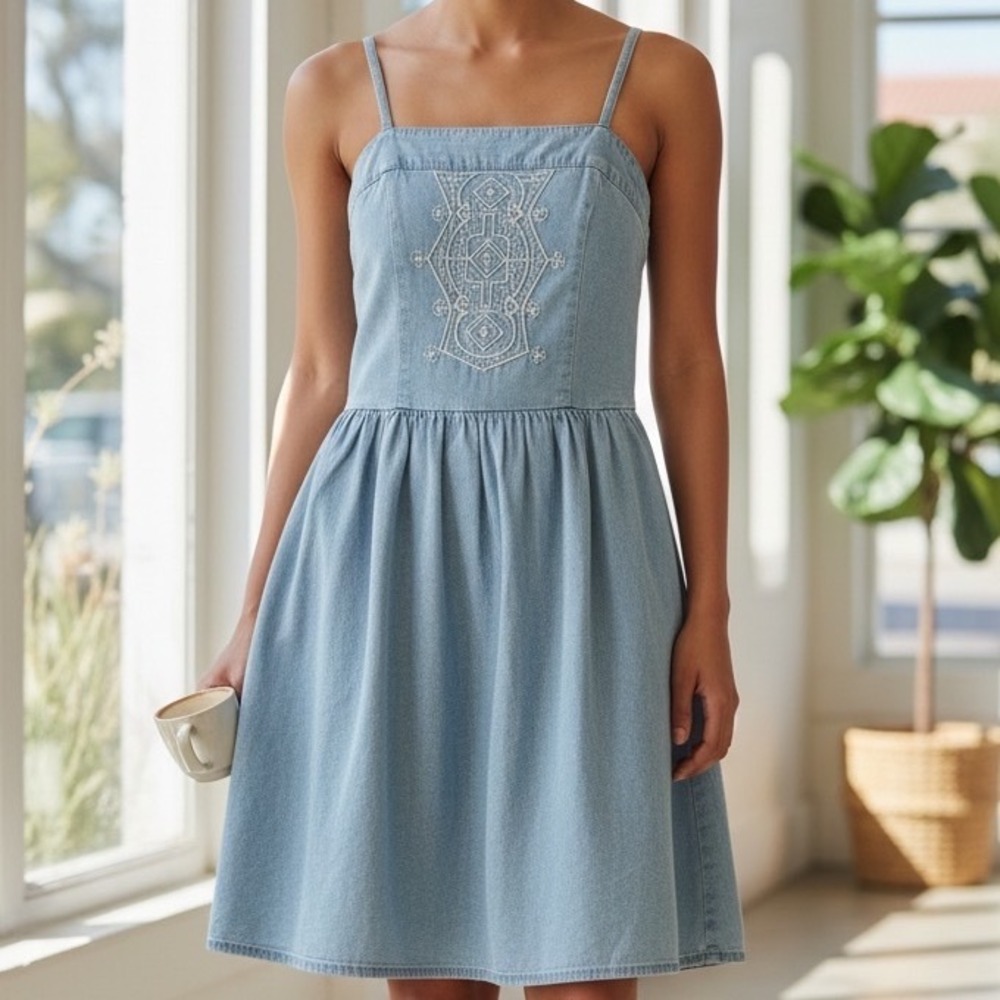 Merona Denim Embroider Sundress Size 8 Spaghetti Strap strapless retro 90s Y2K - Picture 1 of 14